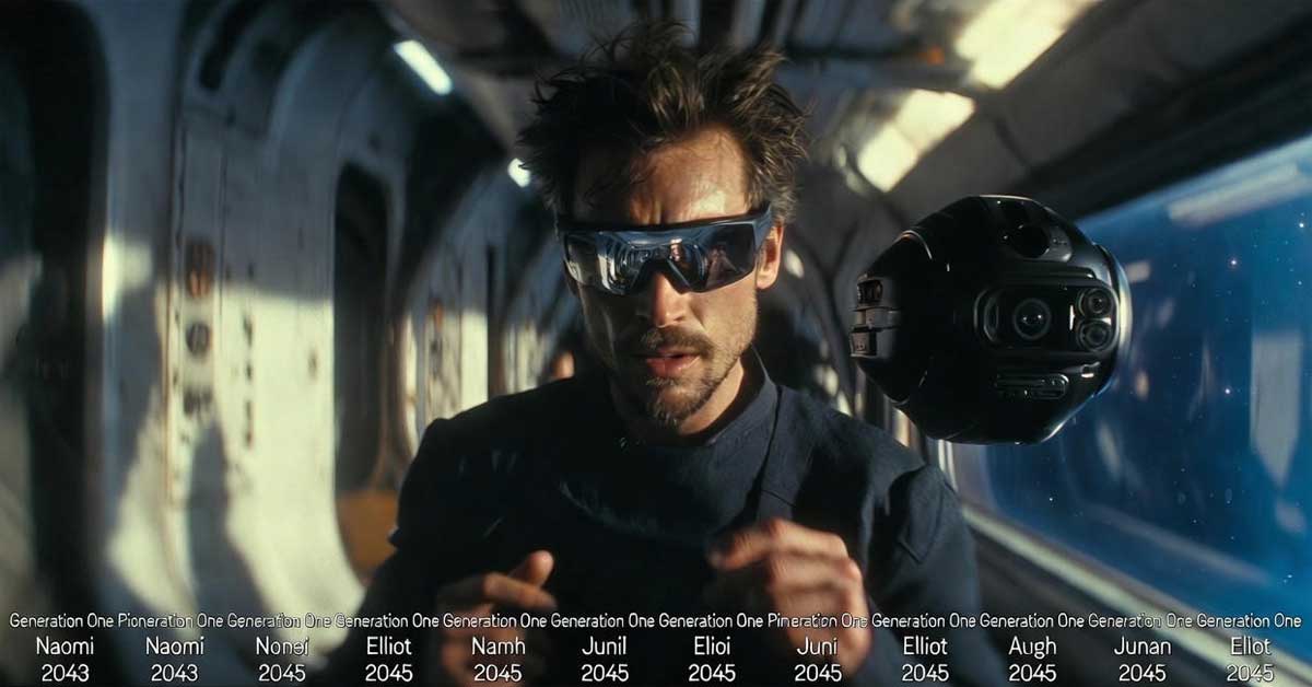 Futuristic scene of a man wearing sleek augmented reality glasses, gesturing in a high-tech corridor with a spherical drone hovering nearby. Overlay text lists 'Generation One' names and years: Naomi 2043, Nonej 2045 Elliot 2045 Namh 2045 Junil 2045 Elioi 2045 Juni 2045 Elliot 2045 Augh 2045 Junan 2045 Elliot 2045.