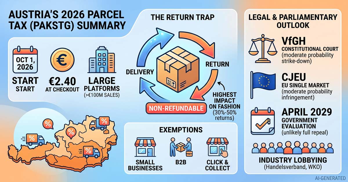 Infographic detailing Austria's 2026 parcel tax, the fashion return trap, exemptions, and pending legal appeals.